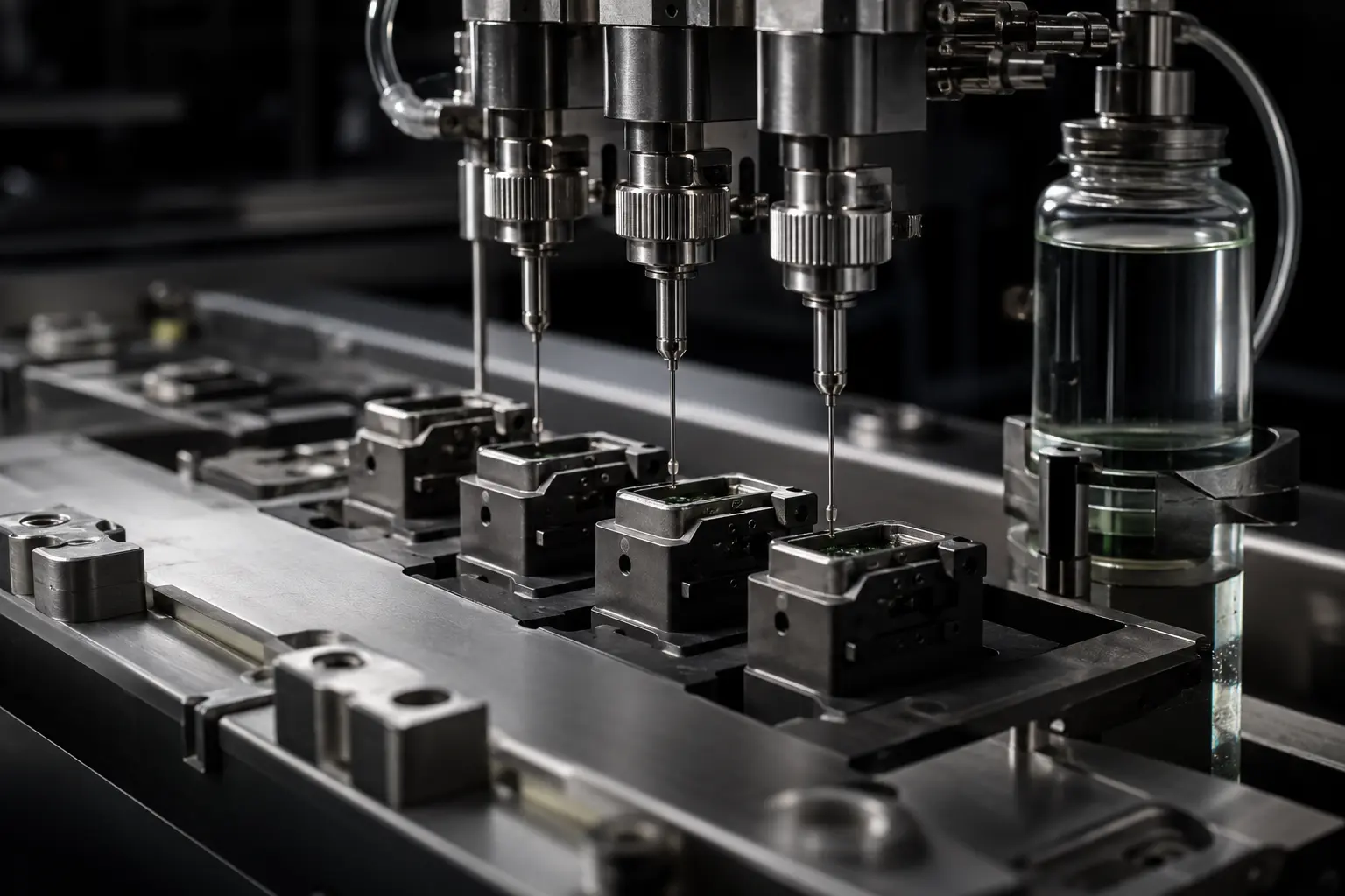 Conceptual close-up of precision filling equipment