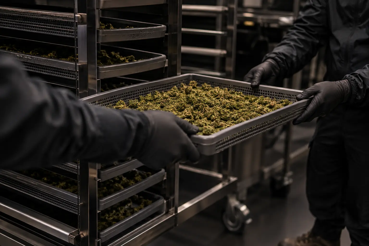 Conceptual close-up of gloved staff transferring ventilated post-harvest trays onto a rolling rack